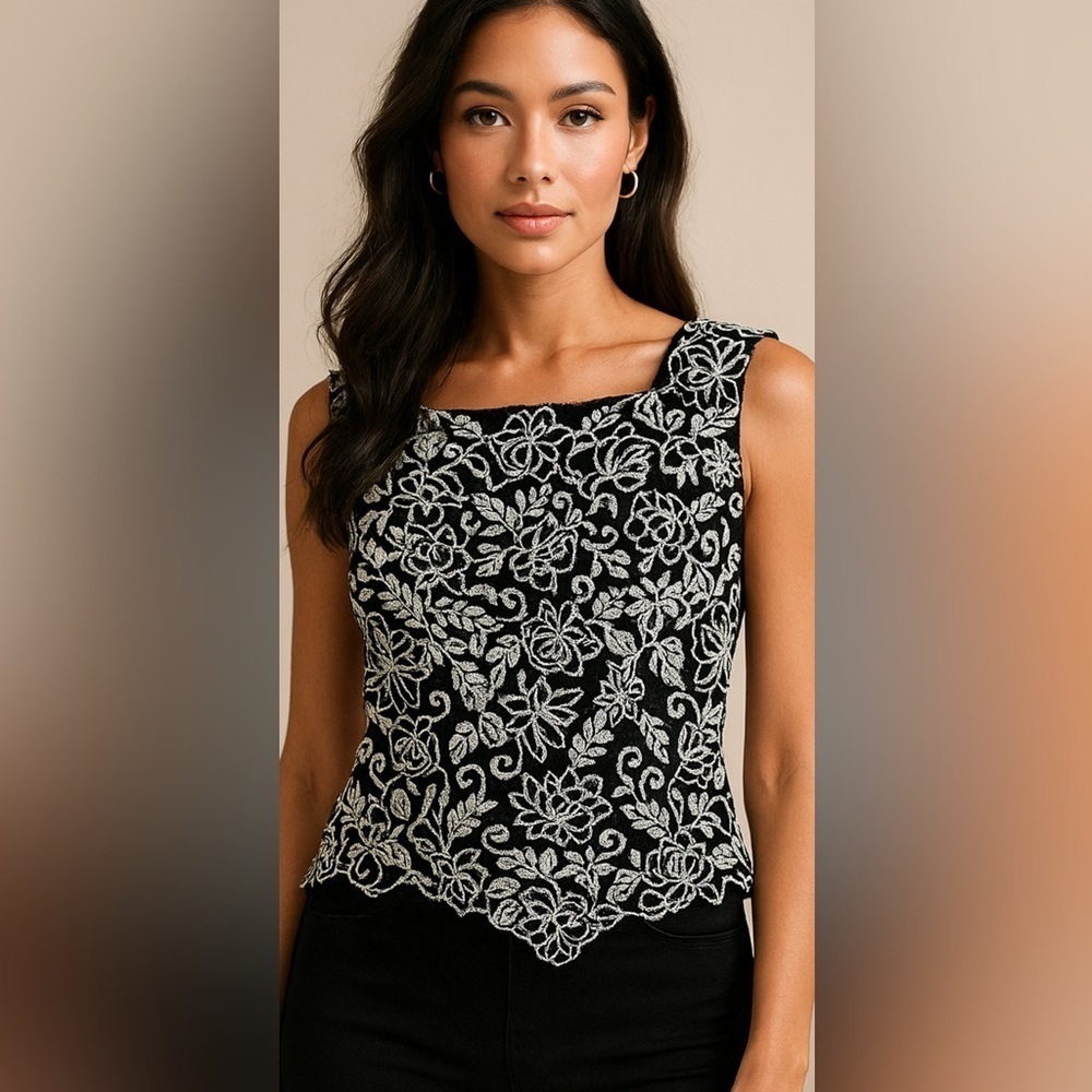 Vintage TADASHI Black White Beaded Floral Sleeveless Top Size M Evening